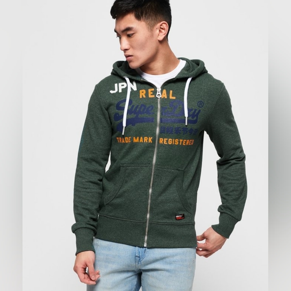 Superdry Vintage Logo Split Lite Zip Hoodie Green Small EUC